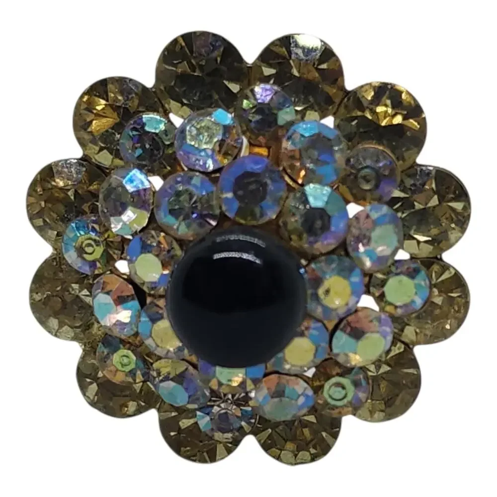 Vintage Rhinestone Stick Pin AB Crystal Black Bead Art Glass Hat Pin Estate